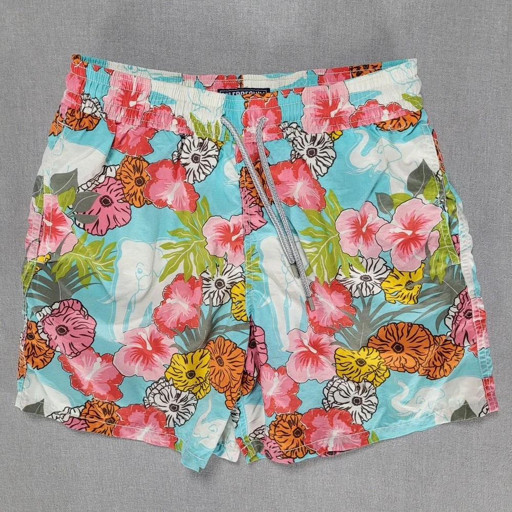 Vilebrequin Men's Swim Trunks L Large slSwimsuit Floral Hibiscus Elephant